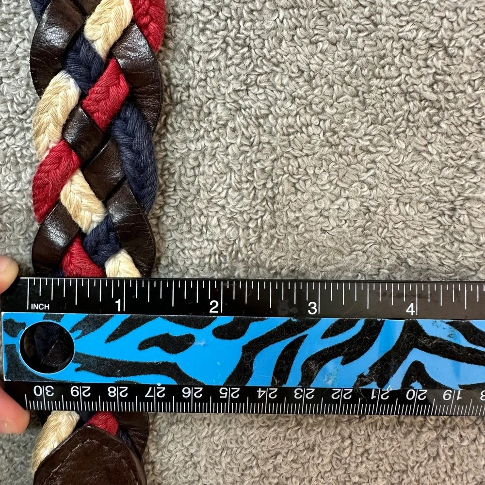 Franklin Marshall Braided Leather Textile Belt Brown Red Navy White D-Ring 40in